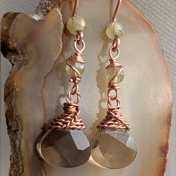 Smokey Quartz Earrings Green Garnet Accents Dangle Drop Artisan Handmade - Picture 8 of 12